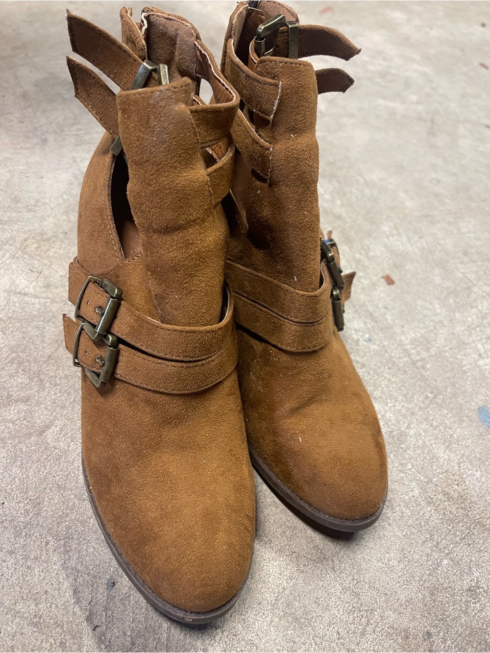 Charlotte Russe Cognac Suede Ankle Booties with Buckle Straps